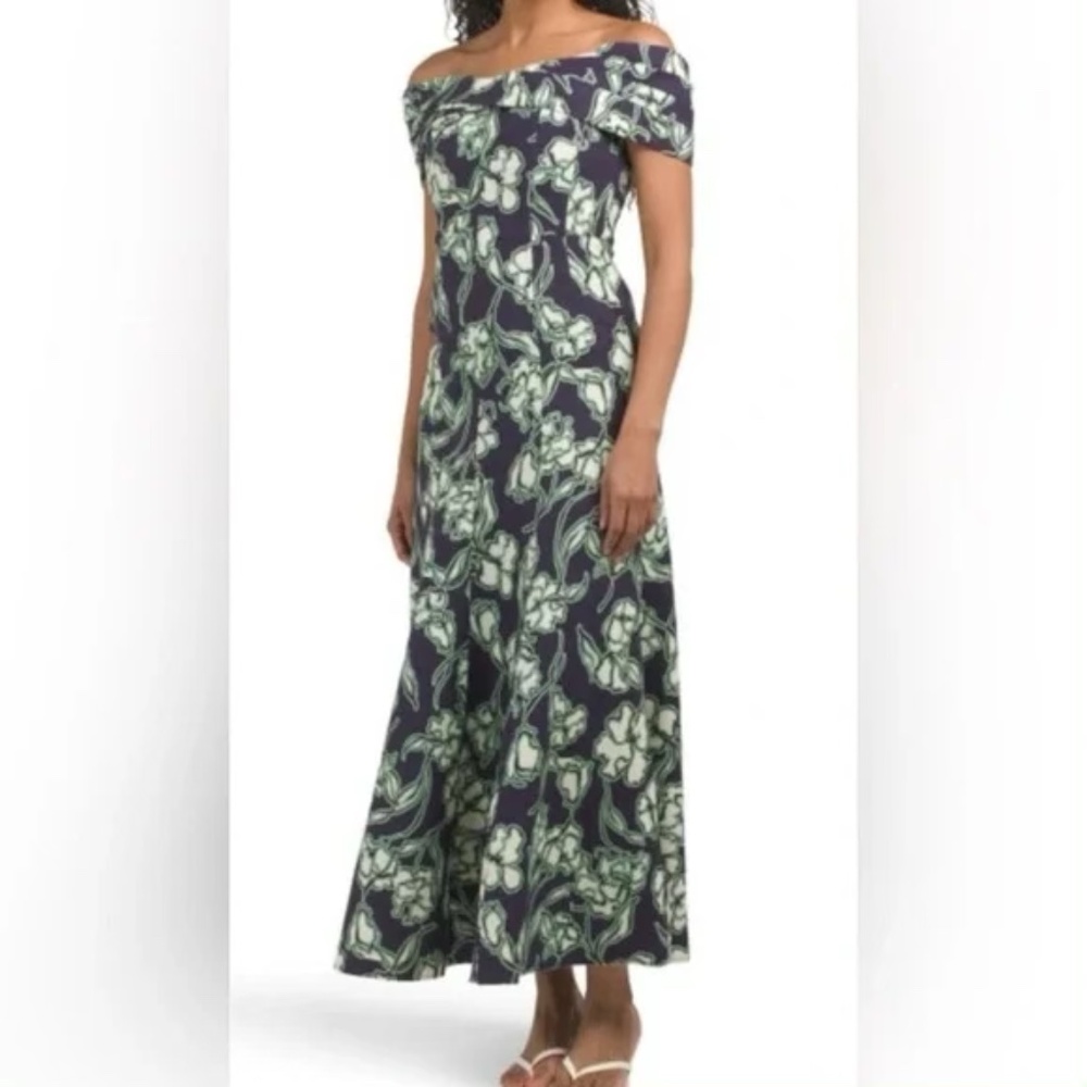 NWOT Nicholas Diana Off Shoulder Midi Dress Navy Floral Linen Blend Lined Size 4